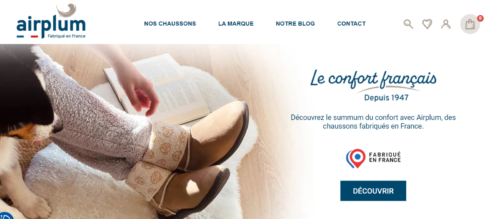 Site internet avec logo Airplum photo de chausson bottillon et label fabriqué en France