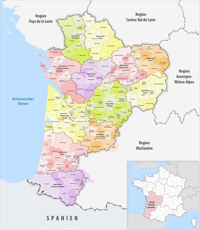 Carte de France avec région Nouvelle Aquitaine et départements de la Charente et Dordogne