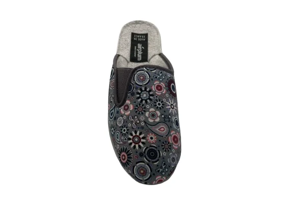 Vue de haut. Mule ouverte. dessus textile imprimé à motifs. usage intérieur/extérieur