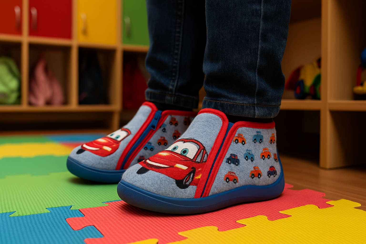 petit garçon à l’école portant une paire de chausson botte avec gros dessin de petite voiture rouge