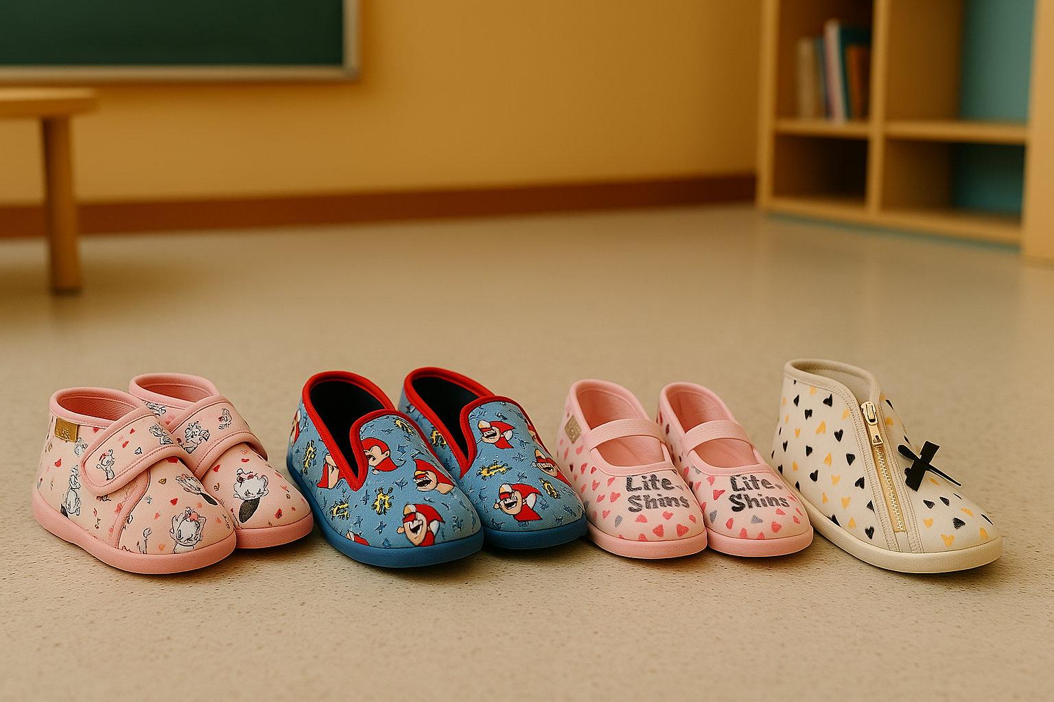 chaussons enfant posés au sol dans une salle de classe