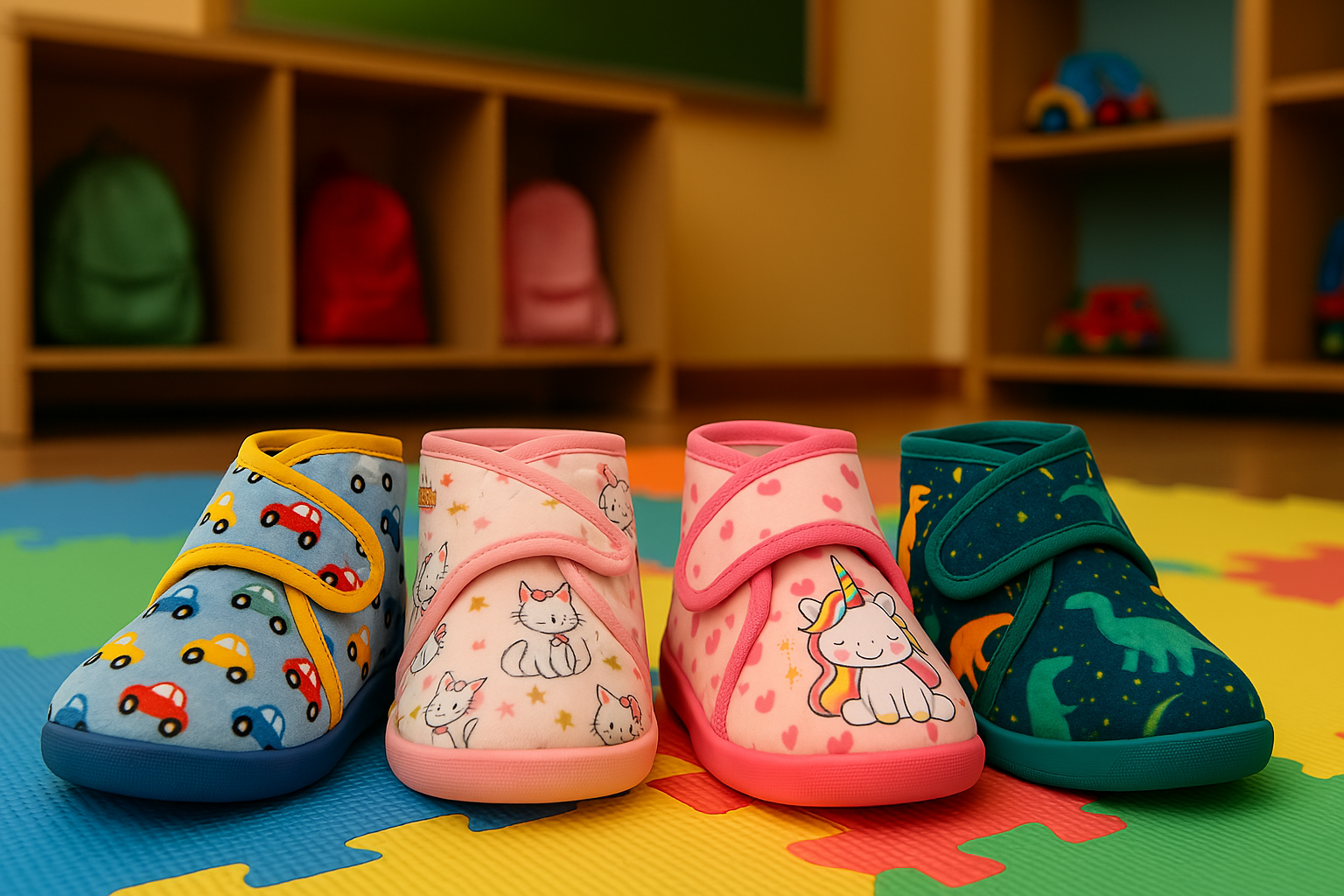 4 chaussons enfant scratch botte différents dans une salle de classe