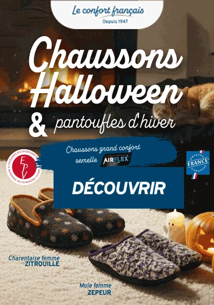 Journée du Chaussons 2025 : affiche colorée annonçant -10% sur plus de 600 modèles de chaussons tendance et confortables pour hommes et femmes, du 23 au 27 octobre, avec illustrations cosy de mules charentaises zitrouille, mules ouvertes tara et docean, wouatine par Airplum, spécialiste des chaussons et pantoufles chauds pour femmes, hommes, enfants, sénior. Fabriqués en France