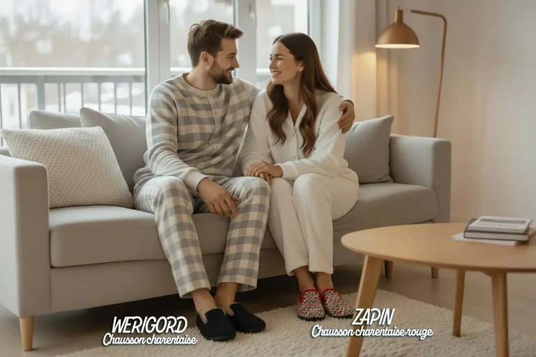Un couple souriant et décontracté, vêtu de pyjamas confortables, est assis sur un canapé clair dans un salon lumineux. L'homme, à gauche, porte des charentaises noires WERIGORD de la marque AIRPLUM, tandis que la femme, à droite, chausse des charentaises rouges ZAPIN de chez AIRPLUM. Ils se regardent avec tendresse, créant une ambiance chaleureuse et cosy à la maison.