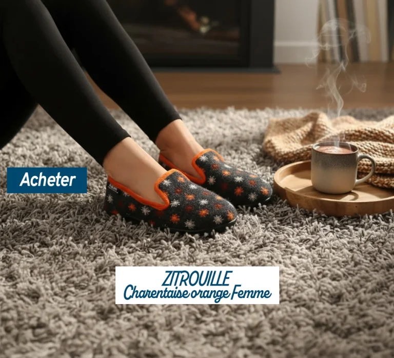 Chaussons Airplum à motifs étoiles sur fond gris et orange, portés par une personne détendue sur un tapis doux, avec une boisson chaude à côté