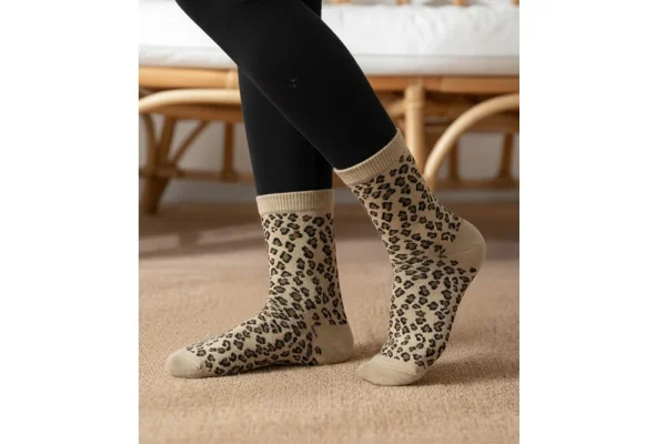 Chaussettes léopard beige femme coton