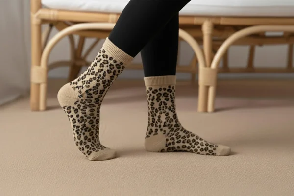 Chaussettes léopard beige femme coton côté