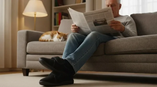 Homme lisant un journal sur un canapé, portant des chaussons noirs à scratch Airplum Djinco, avec un chat endormi à côté de lui
