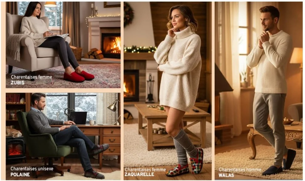 Look book avec photos de femme et homme habillés et portant des chaussons chauds