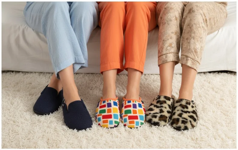 Zoom sur 3 femmes assises en pyjama avec chaussons aux pieds de couleurs différentes