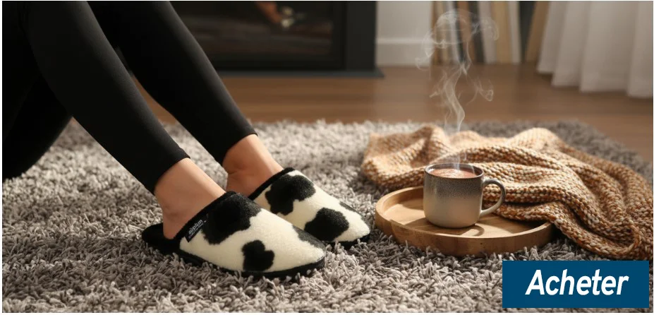 Femme assise par terre avec mules imprimé peau de vache noir et blanc et tasse de chocolat chaud