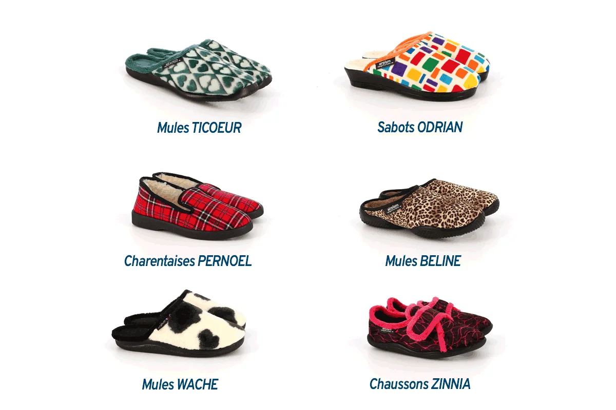 différents types de chaussons, mules, pantoufles charentaises Airplum à offrir