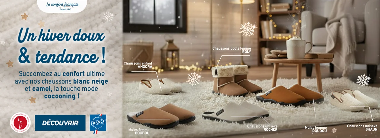 Choix de chaussons tendance et confortables pour hommes et femmes, avec illustrations cosy de mules charentaises , mules ouvertes par Airplum, spécialiste des chaussures, pantoufles chauds, charentaises pour femmes, hommes, enfants, sénior. Fabriqués en France