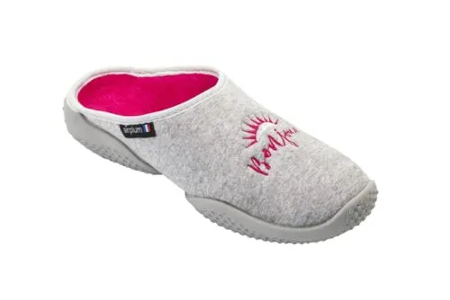 Chausson-femme-confort-Bonjour-2 Mule grise avec broderie rose sur le dessus