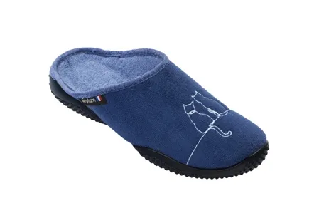 Mule femme bleue grise avec broderie chat