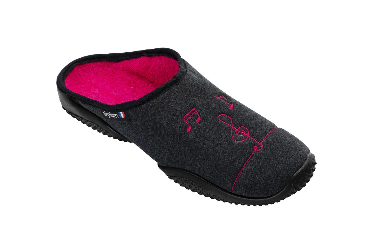 mule femme couleur anthracite avec motif clé musicale