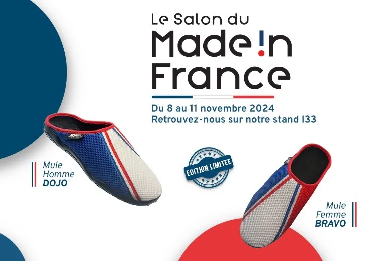 2 paires de mules chaussons bleu blanc rouge avec logo du Salon Made In France