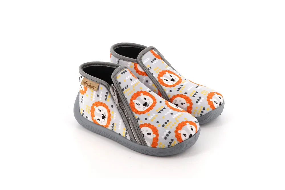 Chaussons enfant zip animaux gris et orange