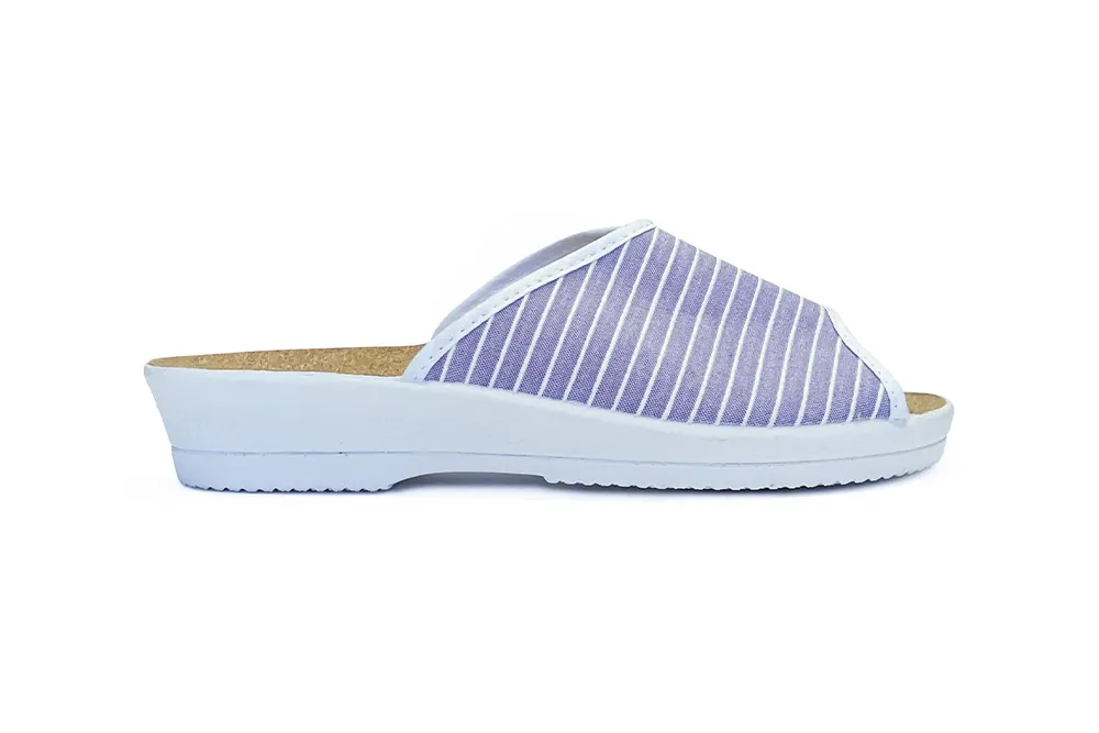 vue côté sabot femme obel à rayures blanches et lilas